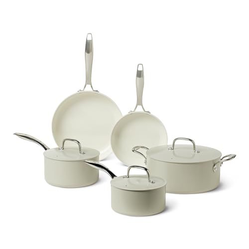 Amazon Basics Padelle Antiaderenti in Ceramica, Set di Pezzi, Adatte a Tutti i Piani Cottura, Lavabili in