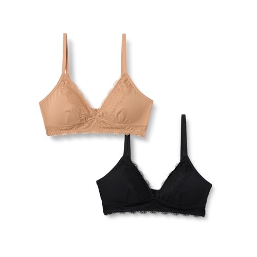 Amazon Essentials Reggiseno Bralette Donna a Triangolo Senza Ferretto in Microfibra con Pizzo, Confezione da 2