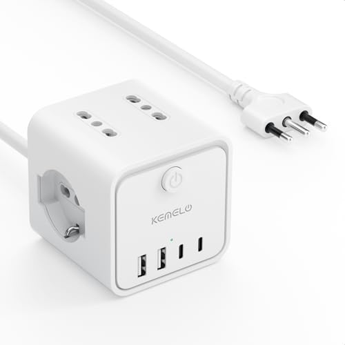 Ciabatta Elettrica Multipresa 4 Prese Universali 10/16A, 2m, 2 USB-A + 2 USB-C, Nero