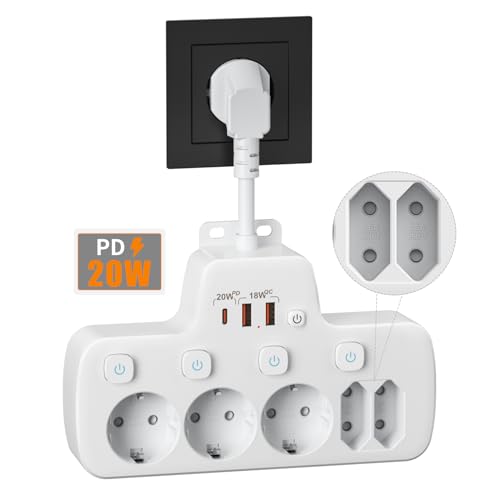 Ciabatta Multipresa con USB C PD20W e QC18W, 5 Prese Schuko con Interruttori Indipendenti