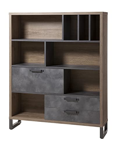 Composad Libreria LAFABRICA con 2 Cassetti, 1 Ribalta e 8 Vani, Stile Industrial, 140x173,6x35 cm