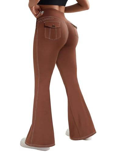 STARBILD Donna Bootcut Leggings Sportivi con Tasche Cargo, Pantaloni a Zampa Vita Alta Gamba Larga Yoga Palestra Danza Casual, Cargo Tasche