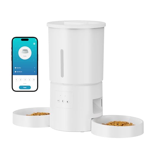 Distributore Automatico Cibo Gatti 2 Ciotole: 5L Distributore Automatico Cibo Cane con Timer WiFi 2.4G per Crocchette - Design Doppia Ciotola per Famiglie con Più Gatti & Cani