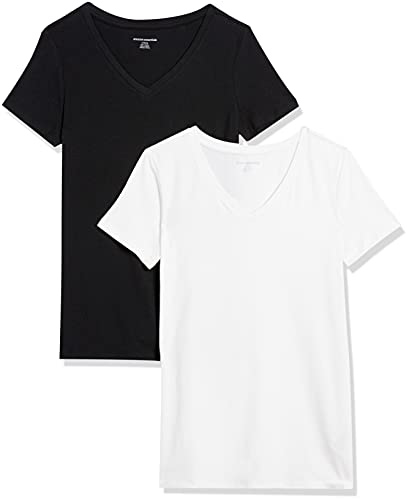 Amazon Essentials Maglietta con Scollo a v a Maniche Corte Vestibilità Regolare Donna, Pacco da 2