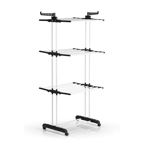 EASYmaxx Stendibiancheria pieghevole | asciugatura efficiente con 3 livelli, 2 ali laterali e struttura leggera, salvaspazio, versatile e mobile per interni ed esterni