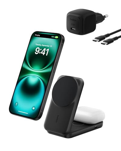 Belkin UltraCharge Caricatore iPhone Qi2, Stazione di Ricarica Wireless 2 in 1 25W, Caricatore Wireless Compatibile con MagSafe per iPhone, AirPods, Pixelsnap con Porta USB-C e Adattatore 45W