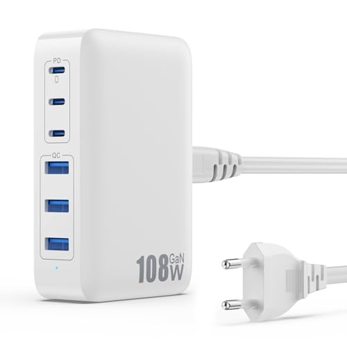 Caricatore USB GaN III 108W 6 Porte con 3 PD Tipo-C e 3 QC