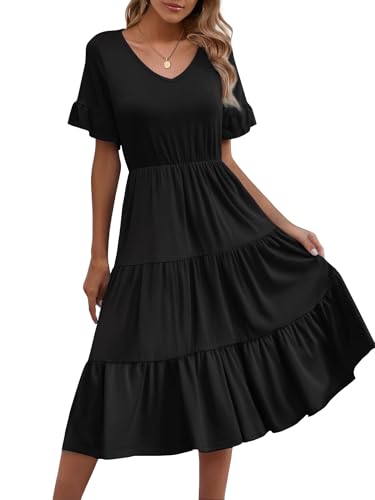 Zeagoo Vestito Donna Linea A Scollo a V Manica Corta Elegante Abito Spiaggia Ruffles con Tasche Nero