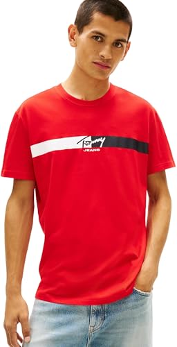 Tommy Jeans Uomo T-Shirt Maniche Corte Signature Stripe in Cotone