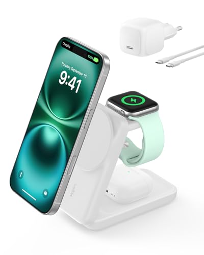 Belkin UltraCharge Caricatore Wireless Magnetico Qi2, Stazione di Ricarica 3 in 1 25W, Caricatore Compatibile con MagSafe per iPhone 16, Apple Watch, AirPods, Pixelsnap con Adattatore 45W