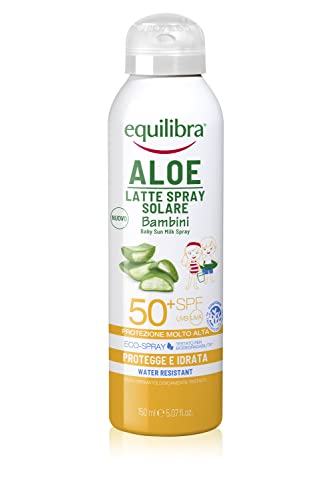 equilibra Solari, Aloe Latte Spray Solare Bambini Spf 50+, Latte Solare per Bambini con Aloe Vera, Olio di Cocco e Argan, Vitamina E, Protegge da Scottature e Eritemi Solari, Water Resistant, 150 ml
