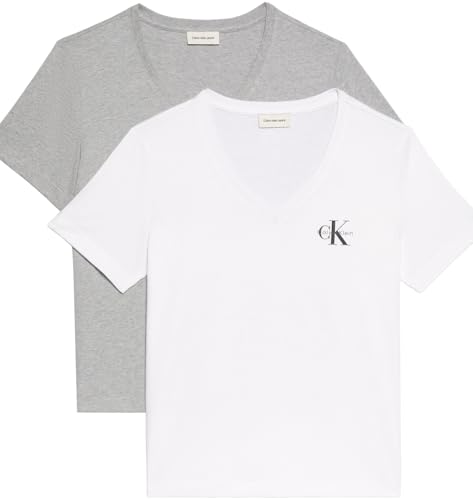Calvin Klein Donna T-Shirt Maniche Corte Confezione da 2 Logo Tee con Scollo a V