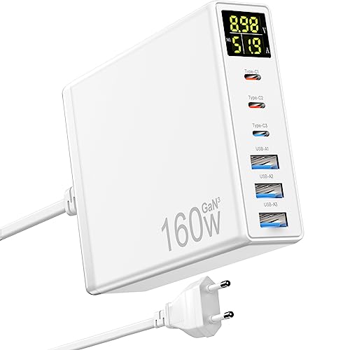 Caricatore USB C 160W GaN 6-Port con Display LED, 3 USB-C e 3 USB-A