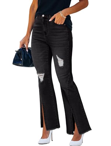 STARBILD Jeans Strappati a Zampa Vita Alta Gamba Larga, Donna Pantaloni Svasati in Denim Leggings con Fori, Jeans a Campana