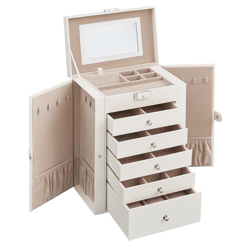SONGMICS Portagioie 6 Livelli 5 Cassetti con Specchio e Chiave Bianco