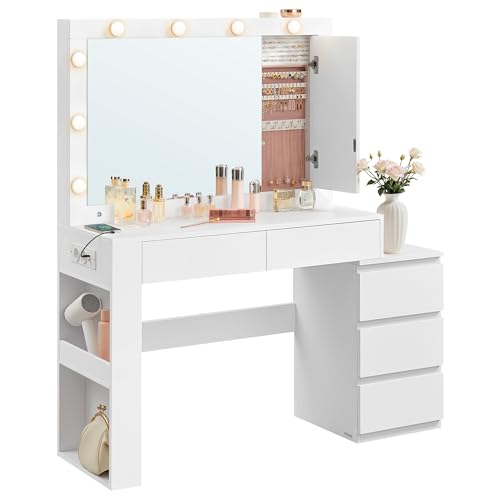 VASAGLE KAILYN Toeletta Trucco con Luce LED e Sgabello Bianco Nuvola
