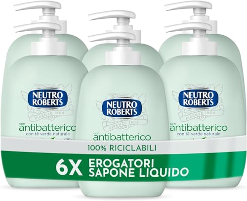 Neutro Roberts Sapone Liquido Antibatterico Tè Verde, 6 Flaconi da 200ml