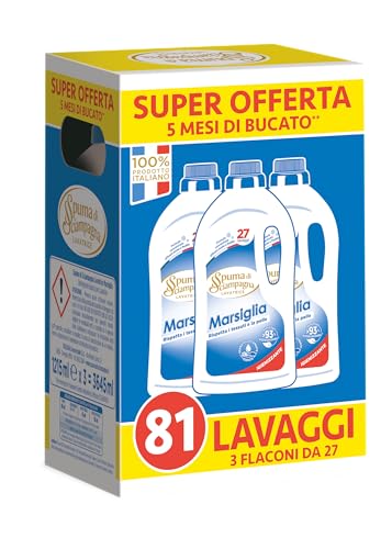 Spuma di Sciampagna Detersivo Lavatrice Concentrato con Sapone di Marsiglia, 3 x 1215 ml