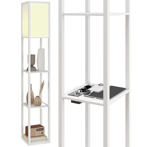 HOMCOM Lampada da Terra LED con Ripiani, Lampada Moderna con Interruttore a Pedale e Porte USB, Temperatura della Luce Regolabile per Soggiorno e Camera da Letto