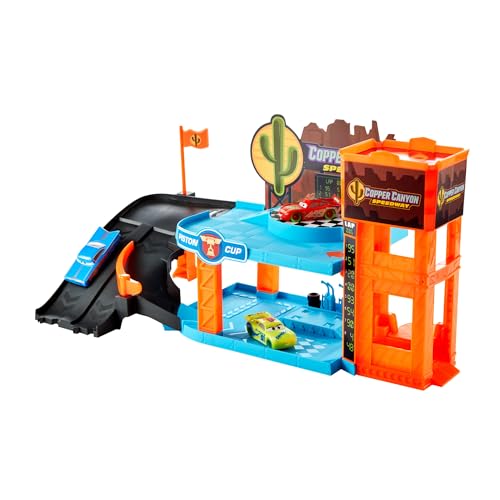 CARS Garage Fluo Cooper Canyon Playset Glow Racers 2 Piani con 3 Auto Luminose