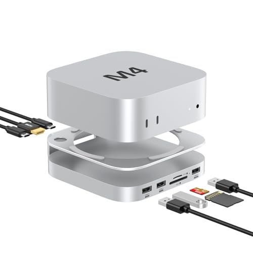 AKKYAJAURE Docking Station per Mac Mini M4/M4 Pro, 10 in 1 Hub e supporto in alluminio con custodia SSD M.2 NVMe