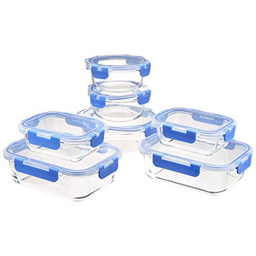 Amazon Basics Set 7 Contenitori in Vetro per Alimenti con Coperchi Bloccabili, 14 Pezzi