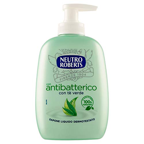 Neutro Roberts Sapone Liquido Antibatterico con Tè Verde, Sapone Liquido per le Mani con Ingredienti Naturali, Flacone in Bio Plastica, Riciclabile, Dermatologicamente Testato, Confezione