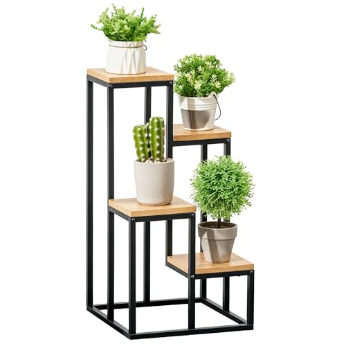 Outsunny Scaffale Porta Piante 4 Livelli in Metallo e Legno Abete