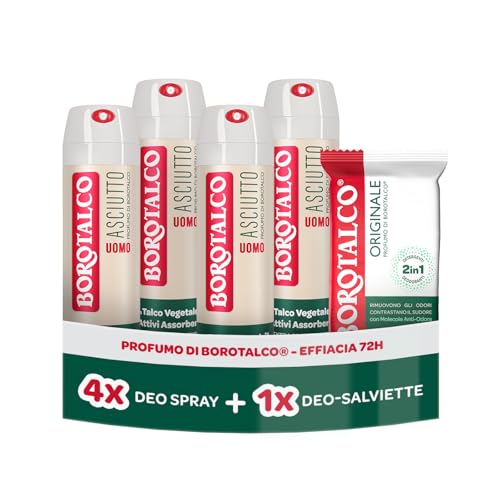 Borotalco, Deodorante Uomo Spray 4x150ml, Deo-Salviette