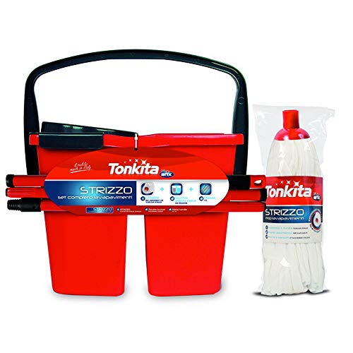 TONKITA Strizzo Set Pulizia Pavimenti 3 Pezzi Secchio 2 Vasche Strizzatore 14L Manico 130cm Acciaio