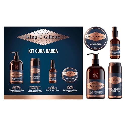 King C. Gillette Kit Cura Barba per Uomo, Detergente 3in1 Barba e Viso 350ml, Balsamo 100ml, Siero Volumizzante 50ml e Crema Idratante 100ml