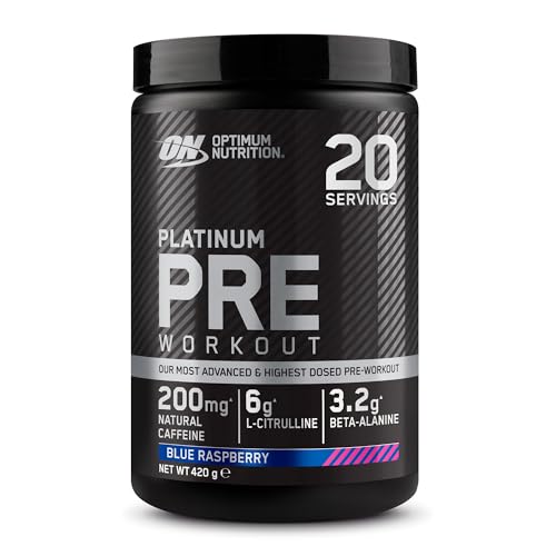 Optimum Nutrition Platinum PUMP Pre-Workout Senza Caffeina, Gusto Lampone Blu, 20 Dosi