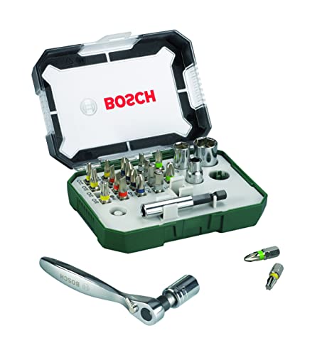 Bosch Set 26 Pezzi Bit Avvitamento con Cricchetti, PH/PZ/Esagonali/T/S