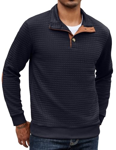 COOFANDY Maglione Uomo Invernale Collo a Camicia Felpa Nido d'Ape Bottoni Blu Scuro