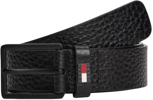 Tommy Jeans Uomo Cintura Elevated Flag 3,5 cm Cintura in Pelle, Nero (Black)