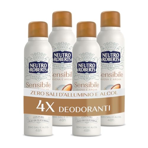 Neutro Roberts, Deodorante Spray Pelle Sensibile con Avena Lenitiva e Argan, Zero Sali di Alluminio, Zero Alcol, con Puro Olio di Glicerina, Dermatologicamente testato, 48h - 4 Pezzi da 150 ml