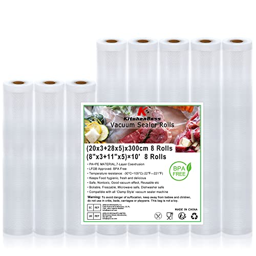 KitchenBoss Sacchetti Sottovuoto per Alimenti, Rotoli Goffrati senza BPA, 8 Rotoli 20x3/28x5/300cm