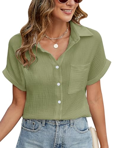 PASUDA Camicia Donna Estiva Camicetta Manica Corta da Donna Casual Cotone Elegante Blusa con Scollo a V Maglietta con Bottoni Moda Tinta Unita Tunica Classico Top T Shirt (