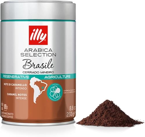 illy, Caffè Macinato per Espresso Arabica Selection Brasile Cerrado Mineiro, 100% Arabica con Note di Caramello e Frutta Secca, Gusto Intenso, Confezione da