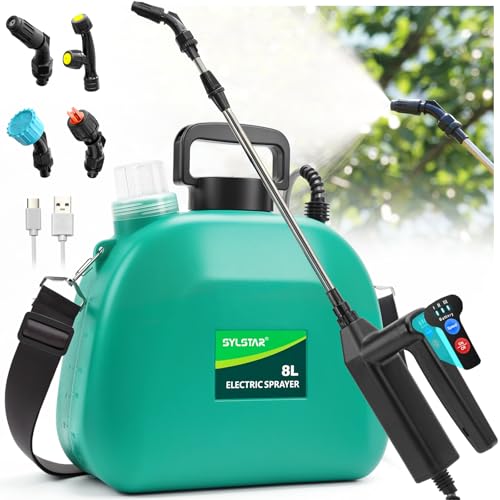 SYLSTAR Pompa Irroratrice a Batteria 8L, 3 Velocità Pompa a Spalla a Batteria con Indicatore, 7.4V Atomizzatore Potente, 4 Ugelli Regolabili Spruzzatore Elettrico per Giardino Cortile Prato