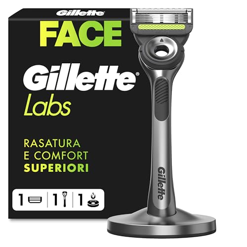 Gillette Labs Rasoio Barba Manuale con Barra Integrata, 1 Manico + 1 Lametta e Base Magnetica