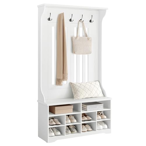 VASAGLE Appendiabiti Ingresso con Panca Scarpiera, 5 Ganci Tripli, Bianco Nuvola HSR404T10