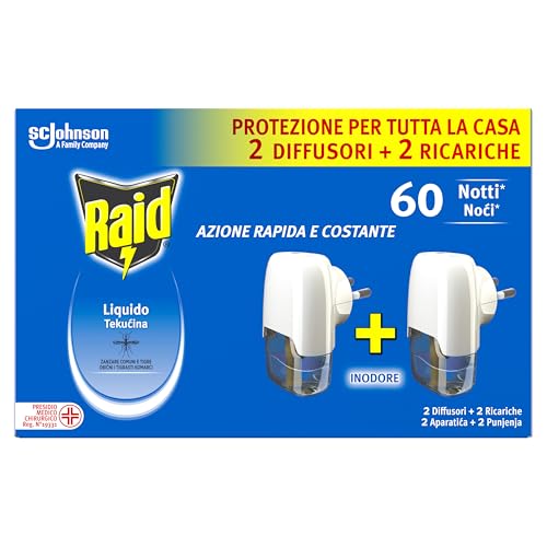 Raid Liquido Elettrico Antizanzare Comuni e Tigre, Confezione 2 Diffusori e 2 Ricariche, 60 Notti