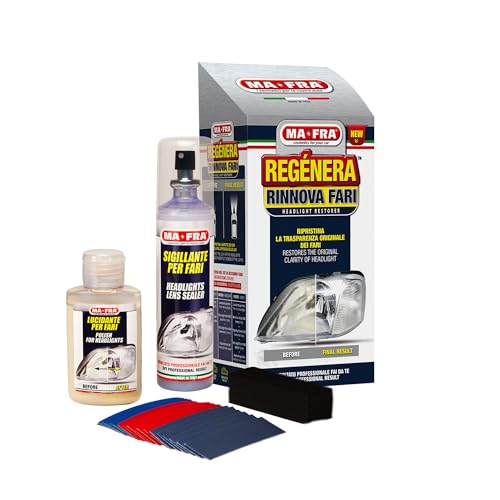 Ma-Fra Kit Rigenera Fari Auto con 16 Carte Abrasive, Polish e Sigillante Spray
