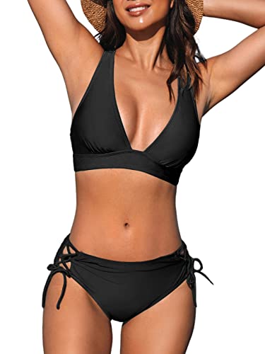 CUPSHE, Bikini da donna, costume da bagno a due pezzi, scollo a V, top a triangolo con spalline larghe, incrocio sul retro, con lacci, vita media