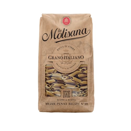 La Molisana - Mezze Penne Rigate Integrali n. 19, Pasta Integrale da Solo Grano Italiano, Ricca di Fibre, Superficie Rugosa, Trafilata al Bronzo, Confezione da