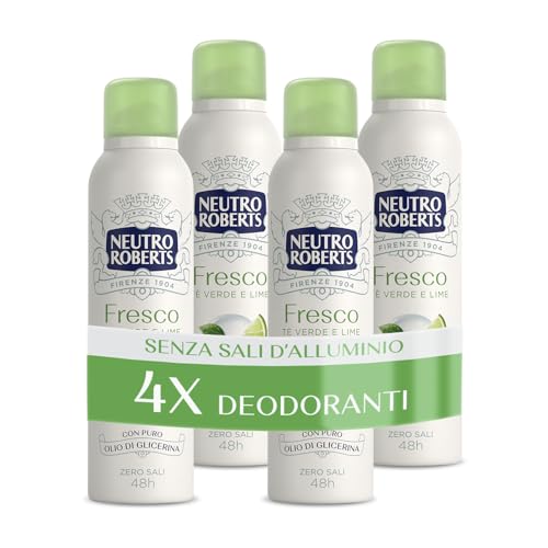 Neutro Roberts Deodorante Spray Fresco Verde Tè Verde e Lime, Zero Sali di Alluminio, 150ml (4 Pezzi)