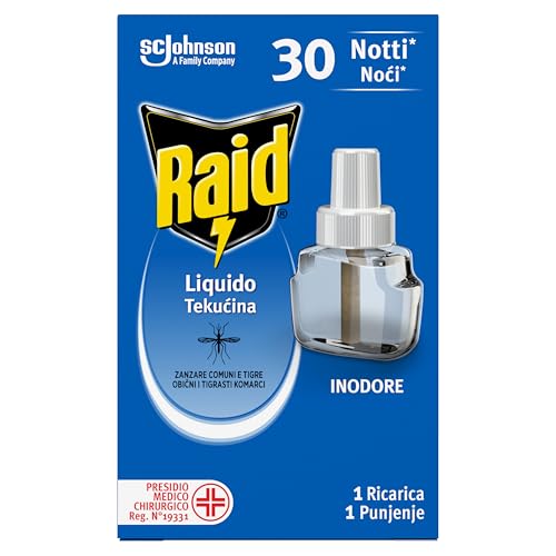 Raid Liquido Elettrico Antizanzare Comuni e Tigre, Ricarica Inodore, 21ml, 30 Notti