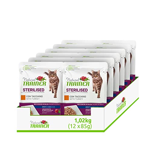 Natural Trainer Sterilised Cibo Umido per Gatti con Tacchino e Fibra di Pisello, 12 Buste da 85gr.