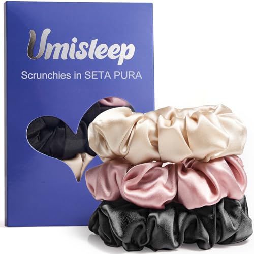Umisleep Set 3 scrunchies in seta 100% rosa+nero+champagne